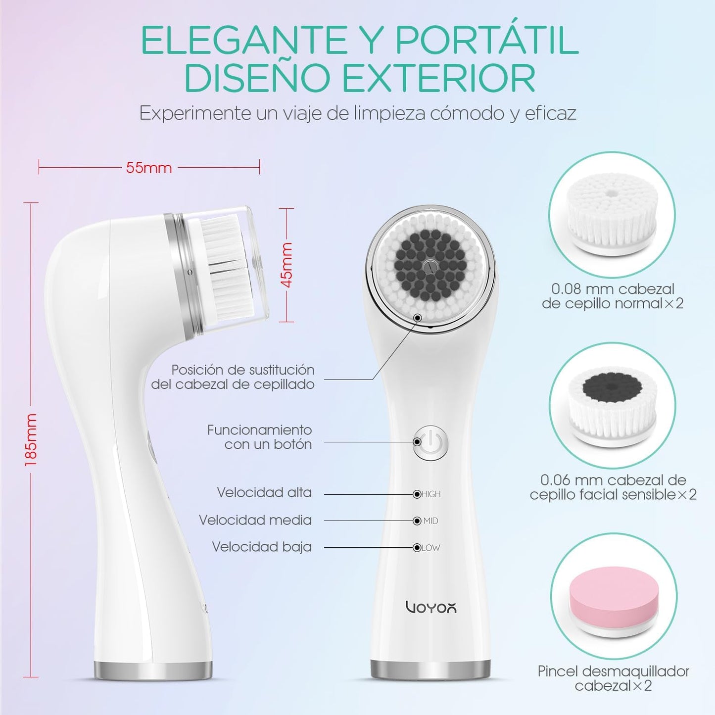 VOYOR Cepillo Limpiador Facial Para Limpieza Profunda Y Exfoliación Limpiador Facial Electrico Con Tres Cabezales De Recambio Diferentes Cepillo Facial Impermeable Tres Velocidades Ajustables FB101