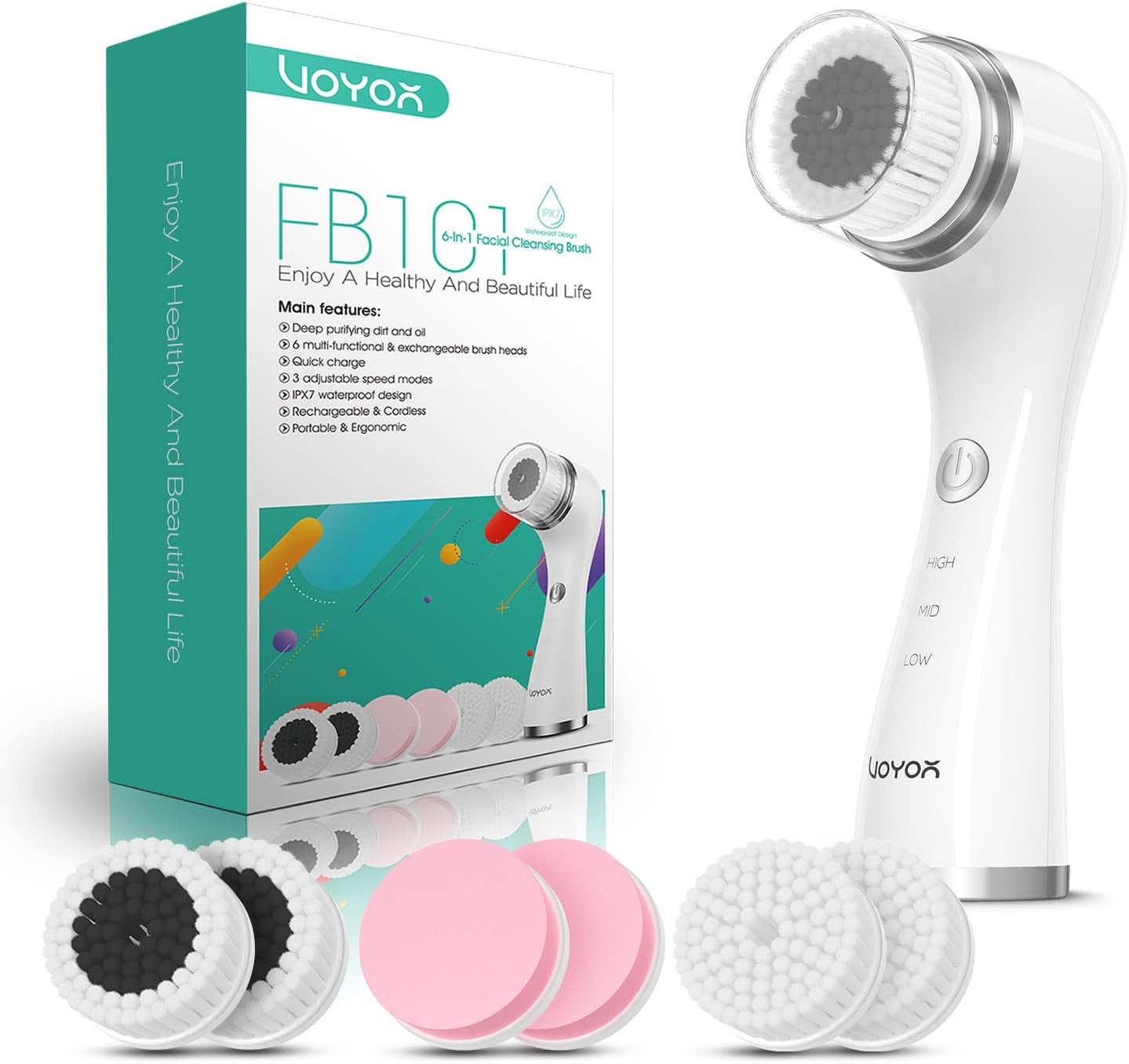 VOYOR Cepillo Limpiador Facial Para Limpieza Profunda Y Exfoliación Limpiador Facial Electrico Con Tres Cabezales De Recambio Diferentes Cepillo Facial Impermeable Tres Velocidades Ajustables FB101