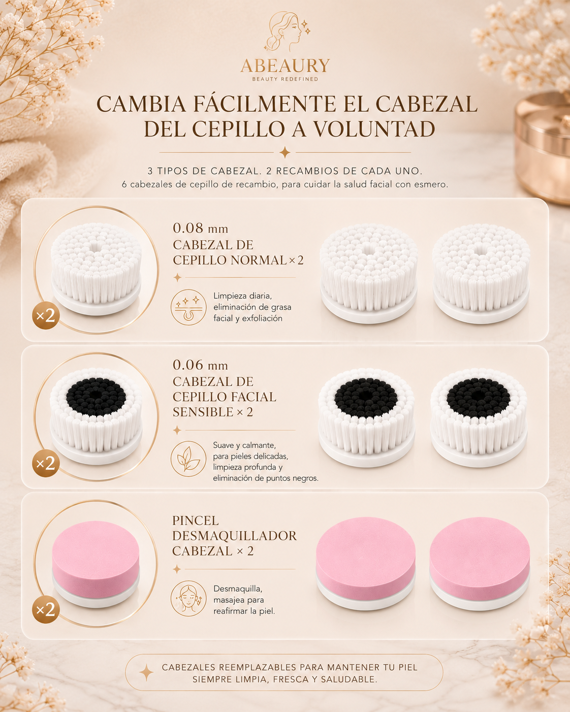 Cepillo Limpiador Facial Eléctrico — Limpieza Profunda y Exfoliación con 3 Cabezales